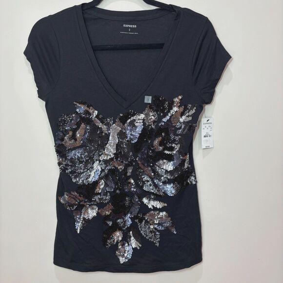 Express NWT Sequined Floral V-neck T-shirt Women S Rockability Y2K Fairy Goth - Picture 1 of 7